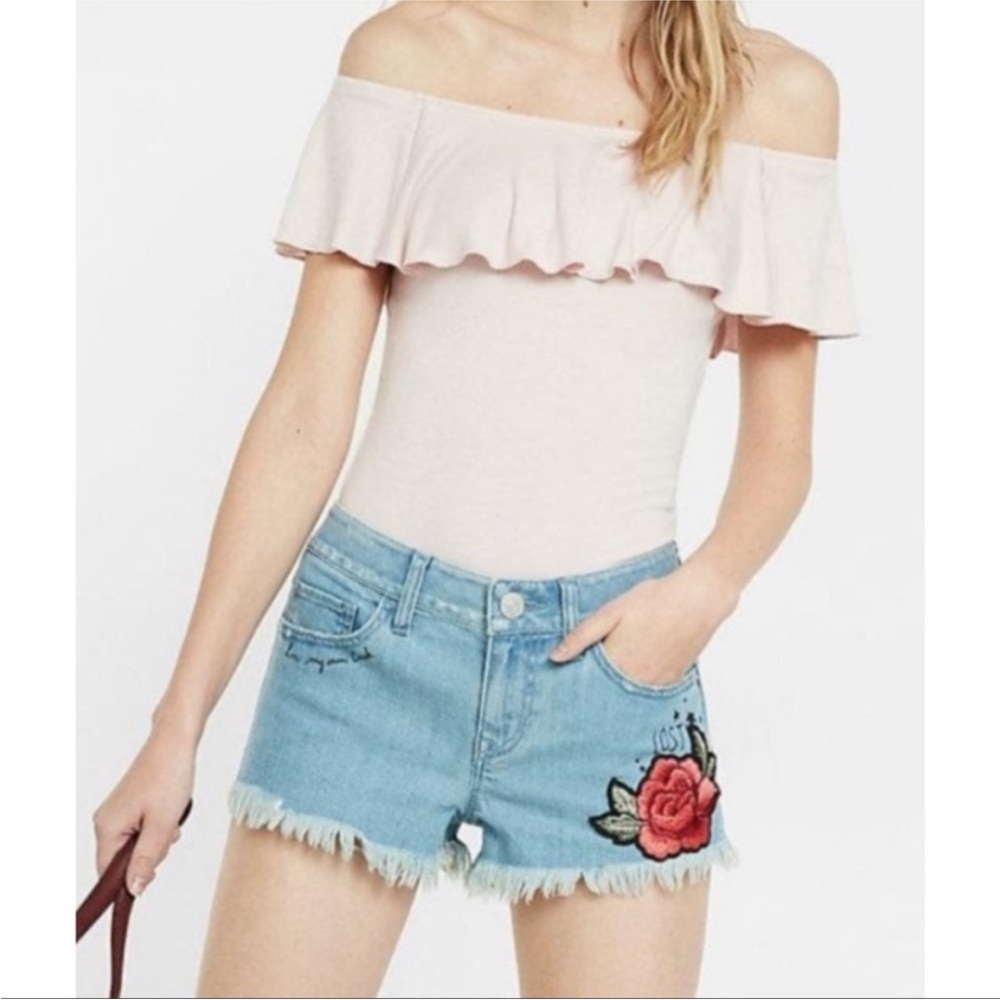 Express Bodysuit XS Ruffled Off-Shoulder Top Light Pink Ribbed Rayon Spandex - Picture 14 of 14